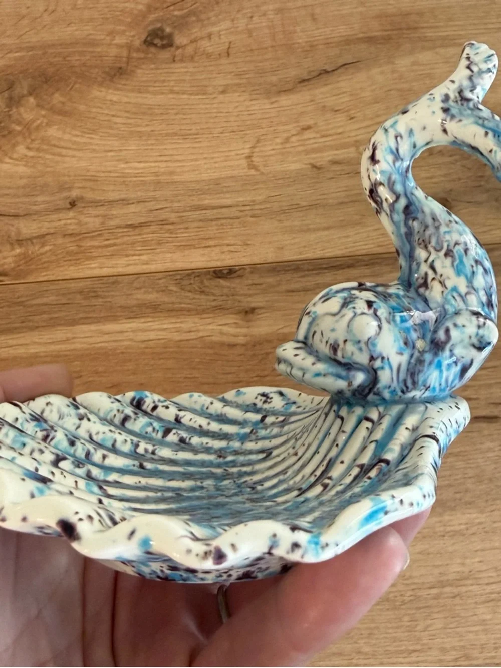 Vintage MCM Art Deco Shell Trinket Soap Dish Fish Koi Blue Holland Mold 1970s